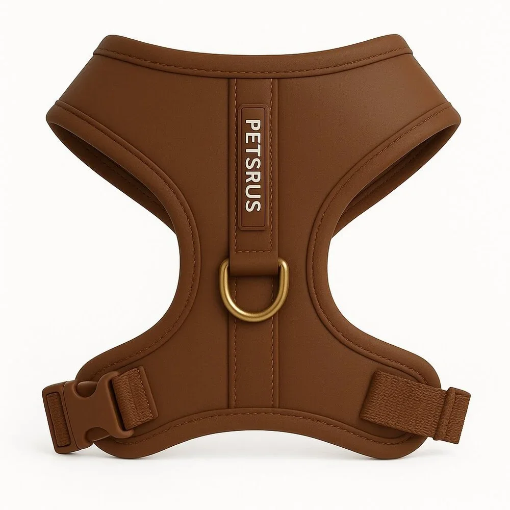 PETsRUS Premium No Pull Dog Harness 2 Leash Clip Bronze Leather Brown Neoprene